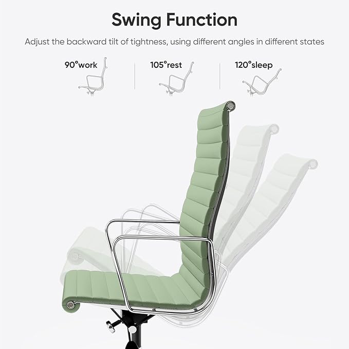 Ribbed Office Chair with Top Grain Leather - High Back Ergonomic Desk Chair with Aluminum Arm Rest and 5-Star Base, Swivel Chairs Light Green