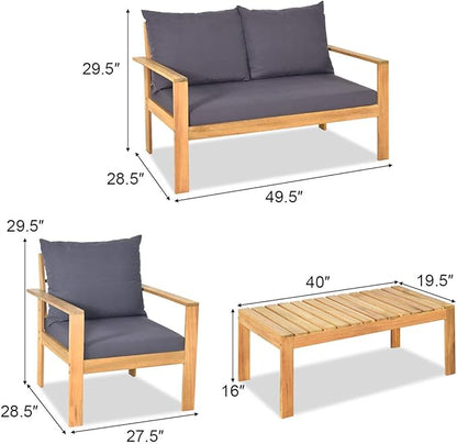 COSTWAY 4 Pieces Outdoor Acacia Wood Sofa Set, Outdoor Conversation Sofa Set with Table & Cushions Porch Chairs for Garden, Patio, Deck