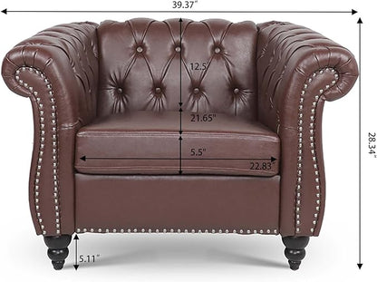 LEVNARY Leather Chesterfield Chair, Mid-Century Modern Single Sofa Chair, Tufted Upholstered Rolled Armchair for Home Bedroom Reading Room (Dark Brown)