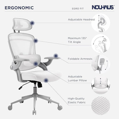 Nouhaus Ergo Fit Ergonomic Mesh Office Chair High Back Adjustable Lumbar Support Headrest and Adjustable Flip-up Armrests, Comfy Desk Chairs Swivel Computer Gaming Chair Tilt Function(N20, White)