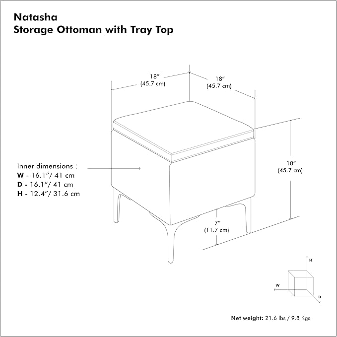 SIMPLIHOME Natasha 18 inch Wide Mid Century Square Mid Century Storage Ottoman with Tray in Cloud Grey Polyester Linen, Assembled, For the Living Room, Entryway and Family Room