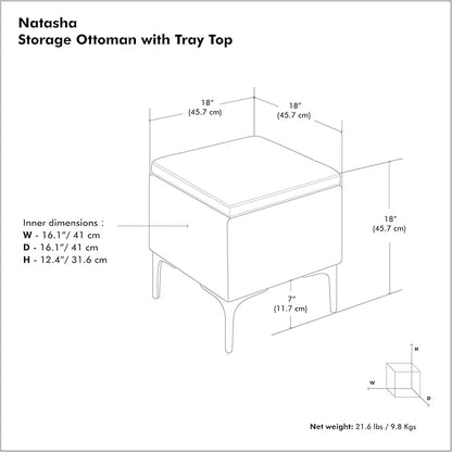 SIMPLIHOME Natasha 18 inch Wide Mid Century Square Mid Century Storage Ottoman with Tray in Cloud Grey Polyester Linen, Assembled, For the Living Room, Entryway and Family Room
