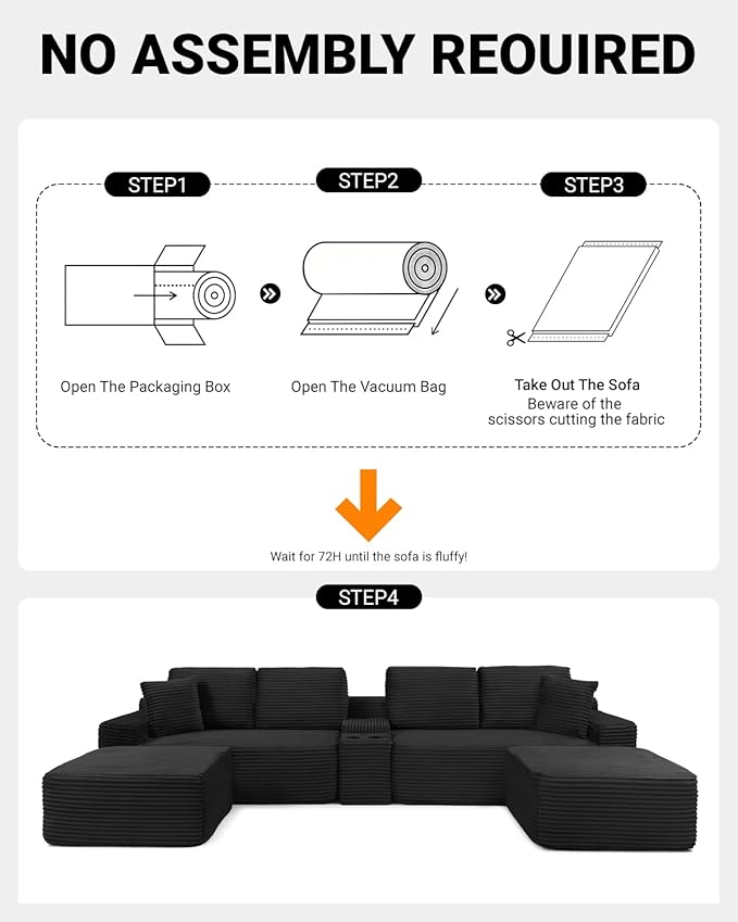 150" Oversized Modular Sectional Sofa,Deep Seat Cloud Corduroy Boneless Couch with Cup Holders,USB Ports, Wireless Charging & Storage Box,Upholstered Modular Sleeper Sofa for Living Room (Black)