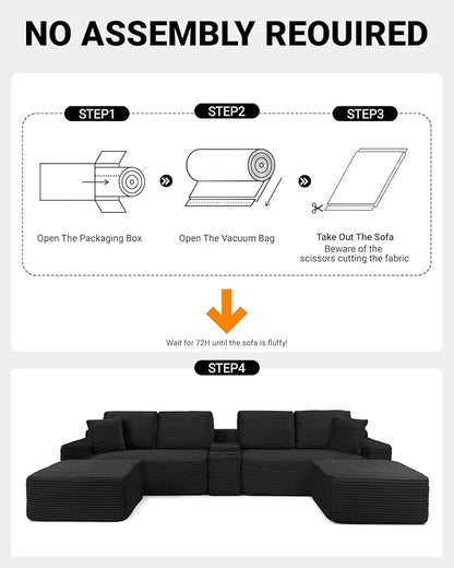 150" Oversized Modular Sectional Sofa,Deep Seat Cloud Corduroy Boneless Couch with Cup Holders,USB Ports, Wireless Charging & Storage Box,Upholstered Modular Sleeper Sofa for Living Room (Black)