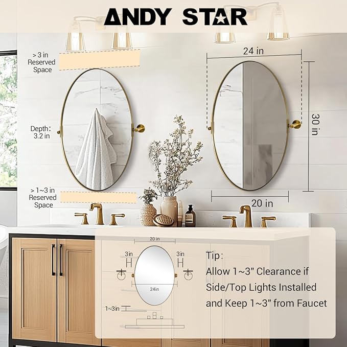ANDY STAR Gold Bathroom Mirror, 20" x 30" Tilting Vanity Oval Mirror for Wall, Brushed Gold Stainless Steel Metal Frame Pivot Mirror Hangs Vertically Wall-Mounted