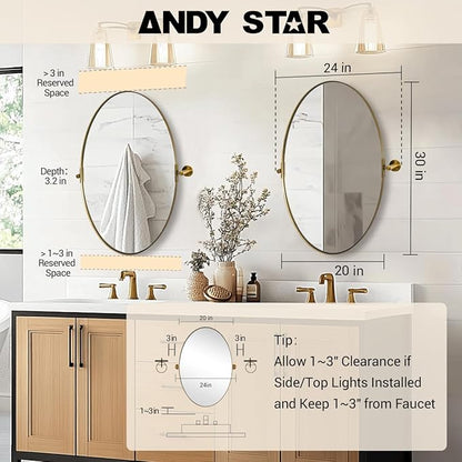 ANDY STAR Gold Bathroom Mirror, 20" x 30" Tilting Vanity Oval Mirror for Wall, Brushed Gold Stainless Steel Metal Frame Pivot Mirror Hangs Vertically Wall-Mounted