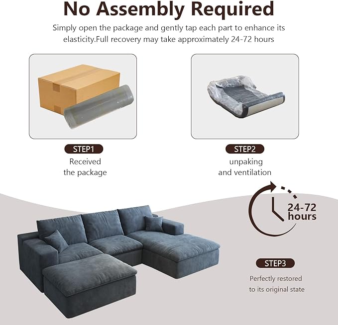 107'' U-Shaped Modern Modular Sectional Cloud Couch Whit Ottoman, 4-Seat Chenille Deep-Seat Sofa with Pillow for Living Room, Bedroom, Apartment, Ocean Blue