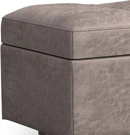 SIMPLIHOME Shay 48 inch Wide Mid Century Modern Rectangular Storage Ottoman in Distressed Grey Taupe Vegan Faux Leather, Assembled, for The Living Room, Entryway and Family Room