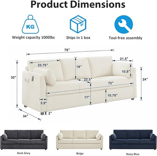 79" 3 Seater Couches for Living Room, Modern Corduroy Sofa with 2 Pillows and Storage Pockets, Comfy Small Couches for Apartment, Small Spaces, Home Office, Navy Blue