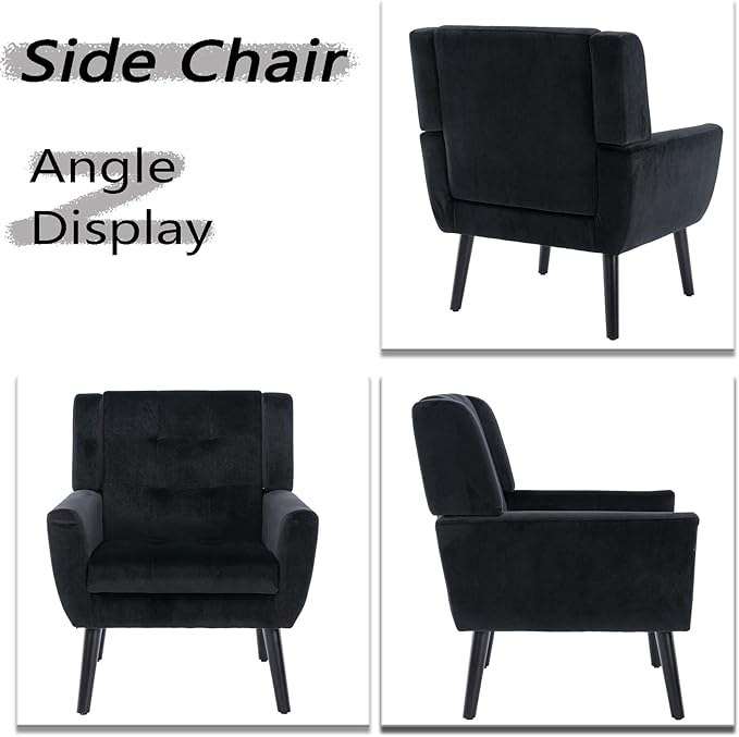 Dolonm Midcentury Modern Velvet Accent Chair with Arms, Upholstered Reading Side Chair Tufted Back Decorative Wingback Chair for Living Room Bedroom (Black)