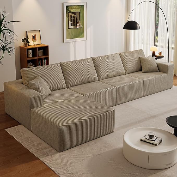 139" Boneless Cloud Sectional Couch for Living Room, Compressed Modular L-Shaped Sofa with Deep Seat, Frameless Corduroy Couch in Boxes, No Assembly Required 4-Seater (Left-Facing Chaise, Grey)