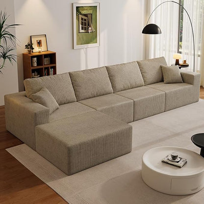 139" Boneless Cloud Sectional Couch for Living Room, Compressed Modular L-Shaped Sofa with Deep Seat, Frameless Corduroy Couch in Boxes, No Assembly Required 4-Seater (Left-Facing Chaise, Grey)