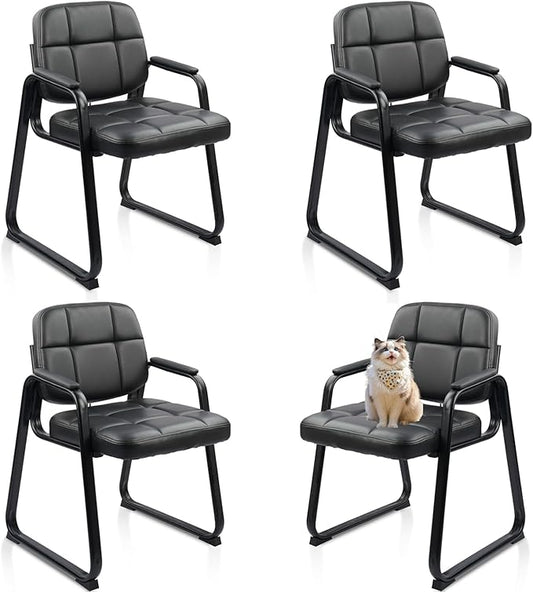 CLATINA Waiting Room Chairs no Wheels with Padded Arms Leather Guest Chair for Office Reception and Conference Desk with Sled Base Black, 4PK
