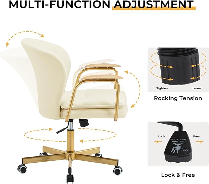 Furniliving Leather Home Office Desk Chairs，Comfy Office Chair, Adjustable Swivel Computer Chair with Golden Legs and Wooden Padded Armrest, Modern Upholstered Task Chair with Wheels,Beige