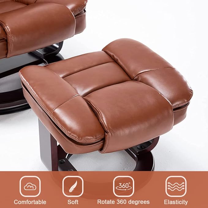 JC Home Argus Swivel Recliner with Ottoman, PU Leather & Wood Base Reclining Chair with Footrest, Ultra-Plush Double Foam for Living Room, Bedroom and Office