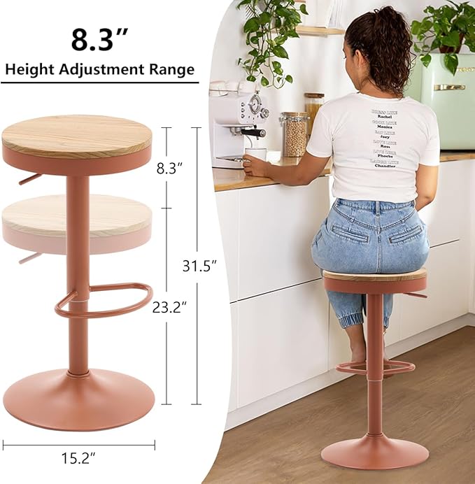 Kidol & Shellder Bar Stools Set of 6 Round Adjustable Swivel Barstools Modern Backless Bar Chairs Wooden Seat Counter Height Stools Armless for Kitchen Island, Cafe, Dining Room Terracotta