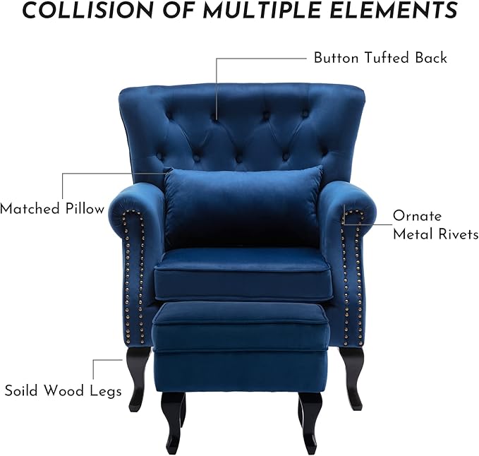 Accent Reading Arm Chairs with Ottoman Set of 2 for Living Room Bedroom, Midcentury Modern Corner Sofa Chair, Wingback Waiting Room Club Chair with Tufted Back &Lumbar Pillow, Velvet Blue
