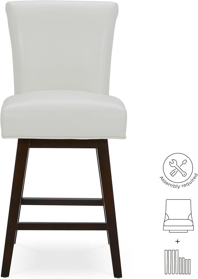 CHITA 26 Inch Counter Height Swivel Bar Stool, FSC Certified Modern Upholstered Faux Leather Swivel Barstool Chair with Back, White