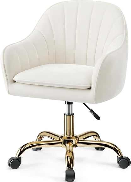 Comfy Home Office Desk Chairs Vanity Chair with Wheels Adjustable Modern Velvet Makeup Vanity Chairs for Bedroom Living Room（White）