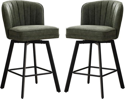 Swivel Counter Height Bar Stools Set of 2, 26'' Modern Barstools with Backs and Metal Legs, Upholstered Bar Chairs, Faux Leather Green Stools for Kitchen Island Chairs