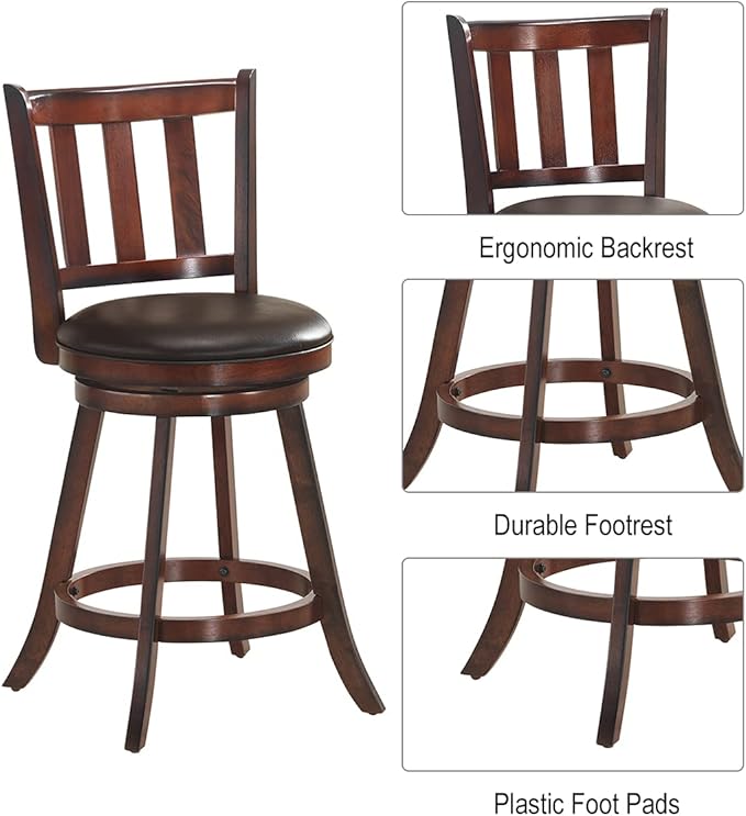 COSTWAY Bar Stools Set of 2, Counter Height Dining Chair, Fabric Upholstered 360 Degree Swivel, PVC Cushioned Seat, Perfect for Dining and Living Room (Height 25''-Set of 2)