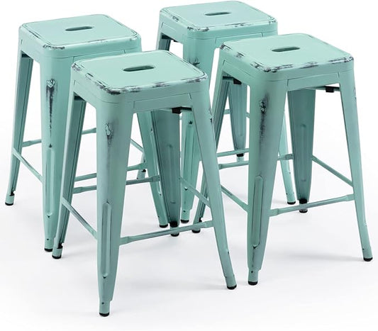 Vogue Furniture Direct 24 Inch Metal Bar Stools, Backless Counter Height Barstools, Indoor Outdoor Stackable Stools with Square Seat, Set of 4 (Distressed Mint Green)