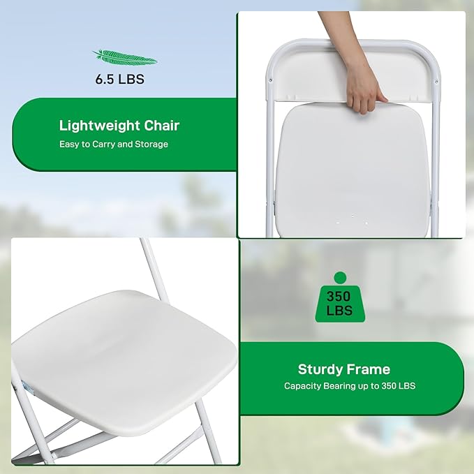 40 Pack White Plastic Folding Chairs, Portable Party Chairs, Stackable Commercial Seats with Steel Frame for Home Office Wedding Party Indoor Outdoor Events Chairs, 350lbs Capacity