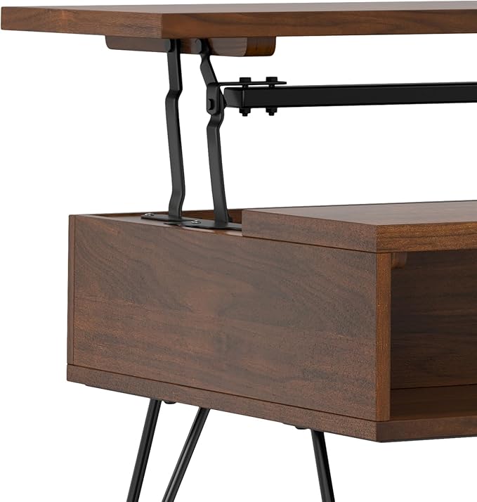 SIMPLIHOME Hunter Small Lift Top Coffee Table - 36 inch Wide Solid Walnut Veneer and Metal Industrial Cocktail Table, Living Room Table with Hidden Storage, 2 Cubbies, and Hairpin Legs
