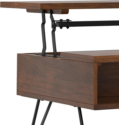 SIMPLIHOME Hunter Small Lift Top Coffee Table - 36 inch Wide Solid Walnut Veneer and Metal Industrial Cocktail Table, Living Room Table with Hidden Storage, 2 Cubbies, and Hairpin Legs