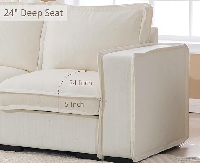 EALSON 119" Modular Sectional Sofa Comfy Cloud Couch with Ottoman Modern Convertible L Shape Couches with Wooden Legs Linen Deep Seat Couch 4-Seater Sofa with Ottoman for Living Room/Apartment,White