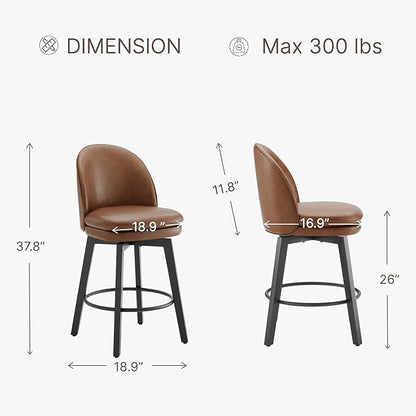 Counter Height Barstools 26 inch Upholstered Swivel Bar Stools with Back and Wood Legs for Kitchen Island,Set of 2,Brown PU Leather-Armless