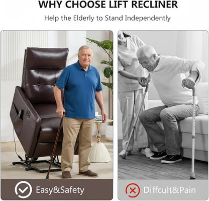 PELUMY Manual Lift Recliner Chair with Massage and Heat for Elderly, Single Motor Electric Lift Chair, Heavy Duty Recliner with USB Charging & Side Pockets (Breathable Leather, Brown)