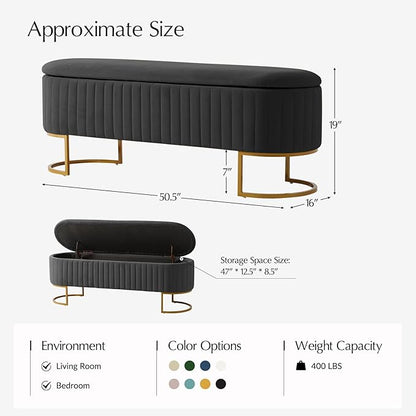 EcoHarbor Living 50.5" Storage Bench Velvet Bedroom Ottoman,Upholstered End of Bed Bench with Gold Legs,Flipping Lid Entryway Footrest, Grey