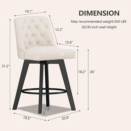 MINCETA Bar Stool, PU Leather Barstool, 26 Inch Upholstered Counter Stool with Low Tufted Back and Footrest, Swivel Counter Height Barstool for Kitchen Island Home Bar White