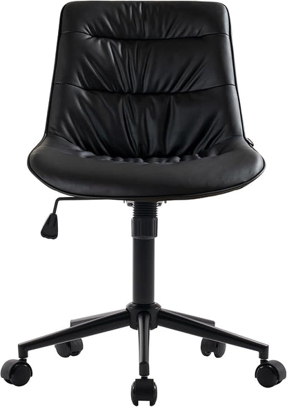 Kidol & Shellder Faux Leather Office Chair, Adjustable Swivel Height Task Chair, Rolling Wheels & Soft Backrest - Armless Ergonomic Desk Chair for Home, Office,Vanity,Gaming（Black）