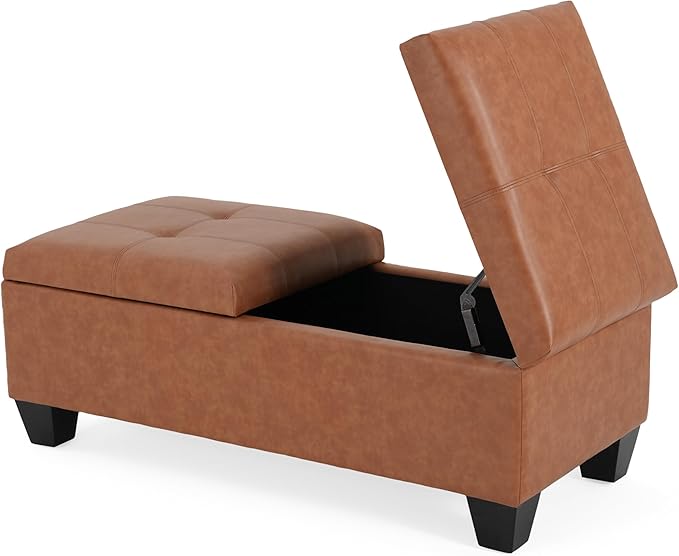 Christopher Knight Home Lanister Faux Leather Upholstered Storage Ottoman Bench, Wooden Rectangular Ottoman with Storage, Living Room Ottoman Coffee Table, Sofa Footstool, Tan Brown