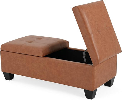 Christopher Knight Home Lanister Faux Leather Upholstered Storage Ottoman Bench, Wooden Rectangular Ottoman with Storage, Living Room Ottoman Coffee Table, Sofa Footstool, Tan Brown