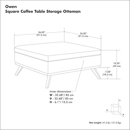 SIMPLIHOME Owen 36 inch Wide Mid Century Modern Square Coffee Table Storage Ottoman in Distressed Black Vegan Faux Leather, Assembled, for the Living Room, Entryway and Family Room