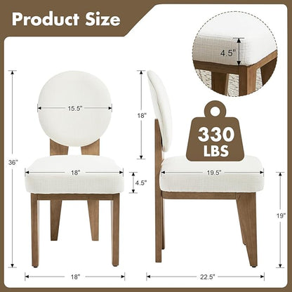 Mid-Century Modern Walnut Dining Chairs Set of 2, Vintage White Wooden Kitchen Chairs, Retro Upholstered Linen Cushioned Seat with Curved Backrest, Armless Accent Side Chair for Bedroom