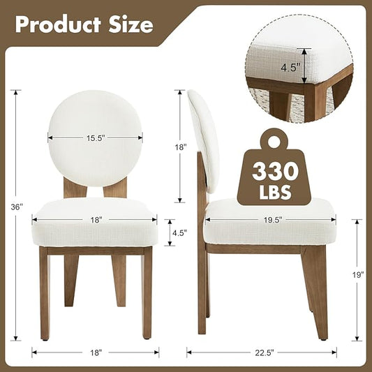 Mid-Century Modern Walnut Dining Chairs Set of 4, Vintage White Wooden Kitchen Chairs, Retro Upholstered Linen Cushioned Seat with Curved Backrest, Armless Accent Side Chair for Bedroom