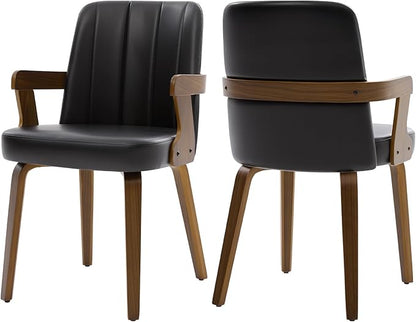 Kitchen Dining Chairs Set of 2, Faux Leather Upholstered Dining Room Chairs with Wood Arms and Legs, Mid Century Modern Kitchen Side Chair for Living, Bedroom, Restaurant, Walnut/Black