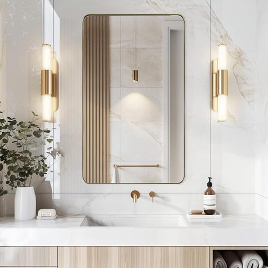 ANDY STAR 24x40 Inch Gold Bathroom Mirror, Stainless Steel Metal Frame with Rounded Corner, Rectangle Glass Panel Wall Mounted Mirror Decorative for Bathroom