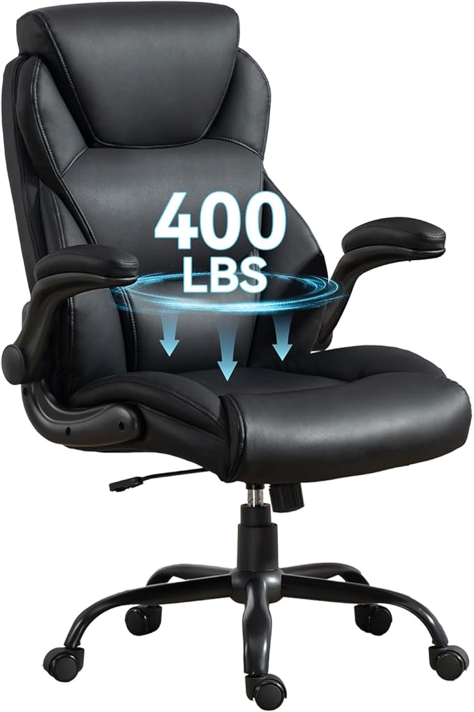 Brage Living 400LBS Big and Tall Office Chair, Leather Executive Desk Chair with Padded Flip-up Arms, Heavy Duty Swivel Rolling Computer Chair for Home Office, Black