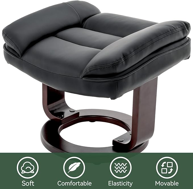 Swivel Recliner Chair with Ottoman, Adjustable PU Leather Recliner with Wood Base, Thick Padded Cushion, Modern Reclining Chair & Ottoman Set for Living Room, Bedroom, Office, Small Spaces (Black)