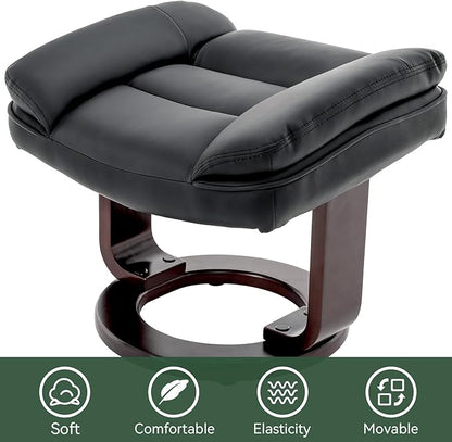 Swivel Recliner Chair with Ottoman, Adjustable PU Leather Recliner with Wood Base, Thick Padded Cushion, Modern Reclining Chair & Ottoman Set for Living Room, Bedroom, Office, Small Spaces (Black)