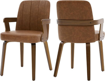 Kitchen Dining Chairs Set of 2, Faux Leather Upholstered Dining Room Chairs with Wood Arms and Legs, Mid Century Modern Kitchen Side Chair for Living, Bedroom, Restaurant, Walnut/Brown
