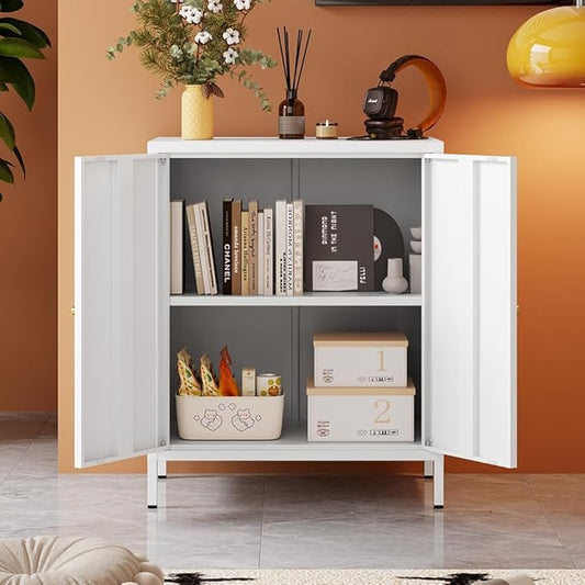 White Metal Storage Cabinet, 2 Door Locker Cabinets with Adjustable Shelves, Side Table Storage with Doors,Bathroom Furniture for Small Spaces,Home,Office,Kitchen,Dining Room