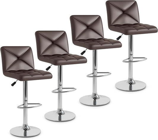 COSTWAY Bar Stools Set of 4, Modern PU Leather Swivel Bar Chairs, Height Adjustable Upholstered Barstools with Premium Gas Rod, Sturdy Footrest, Round Base, for Kitchen, Dining Room, Office,Brown
