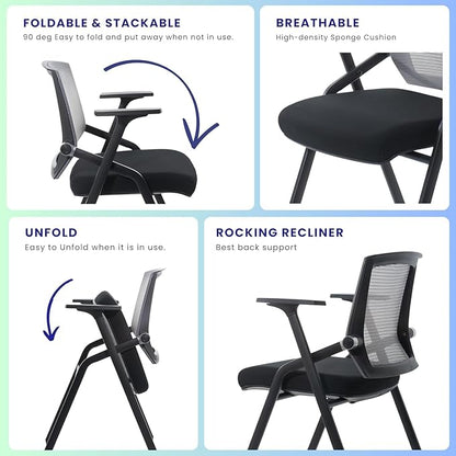 2 Pack Stackable Conference Room Chairs with Paddle Folding Office Foldable Desk Chair Mesh Back and Arms for Conference Meeting Guest Reception Home Office Training Room Chair Black