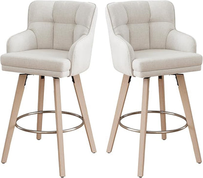 360°Swivel Counter Height Bar Stools with Back, 30 inch Solid Wood Legs, Bar Stool Modern Kitchen Island Chairs, Fabric (Beige- Fabric, 30" H- Set of 2)